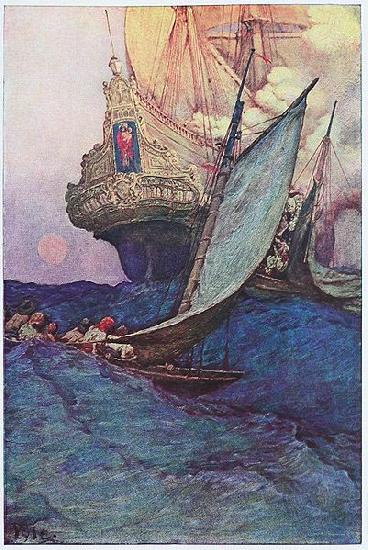 Howard Pyle An Attack on a Galleon: illustration of pirates approaching a ship Spain oil painting art